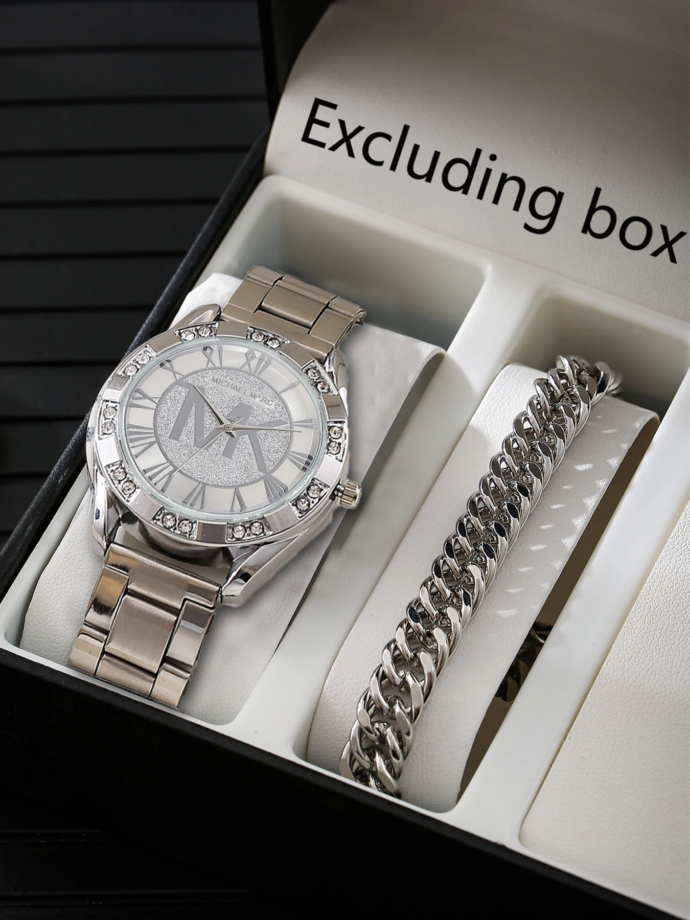 Men Gift 2Pcs Set, Rhinestone Roman Dial Quartz Watch + Cuban Bracelet, Excluding Box