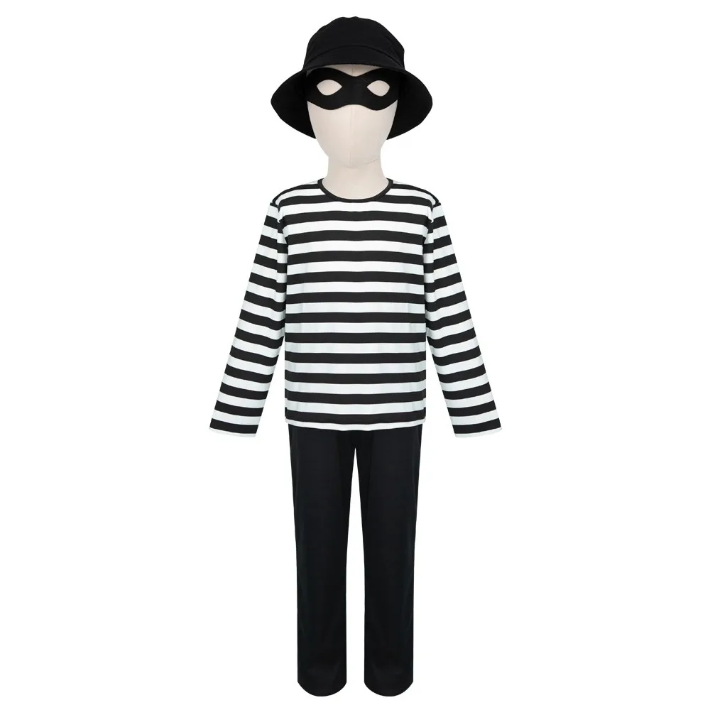 Thief Cosplay Costume Full Sets Burglar Black White Stripe for Kids Outfit Halloween Carnival Party Clothes Roleplay