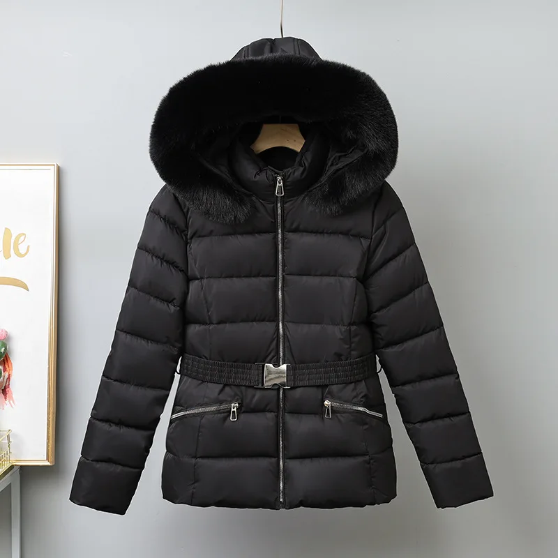 Winter Solid Color Long-sleeved Fur Collar Hooded Short Down Cotton Jacket Women's Slim Winter Thickened Versatile Warm Jacket