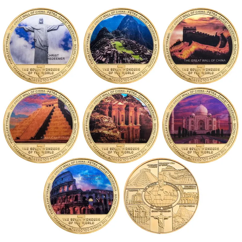 The Seven Wonders of The World Gold Plated Commemorative Challenge Coins Souvenir Business Gift for Father Collectible Gift