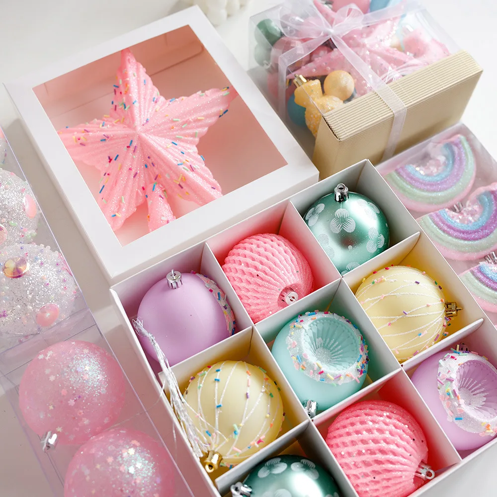 

Colored Christmas Ball Candy Set Box Pink Christmas Tree Top Star Christmas Decorations 2024 for Home Holiday Gift Navidad