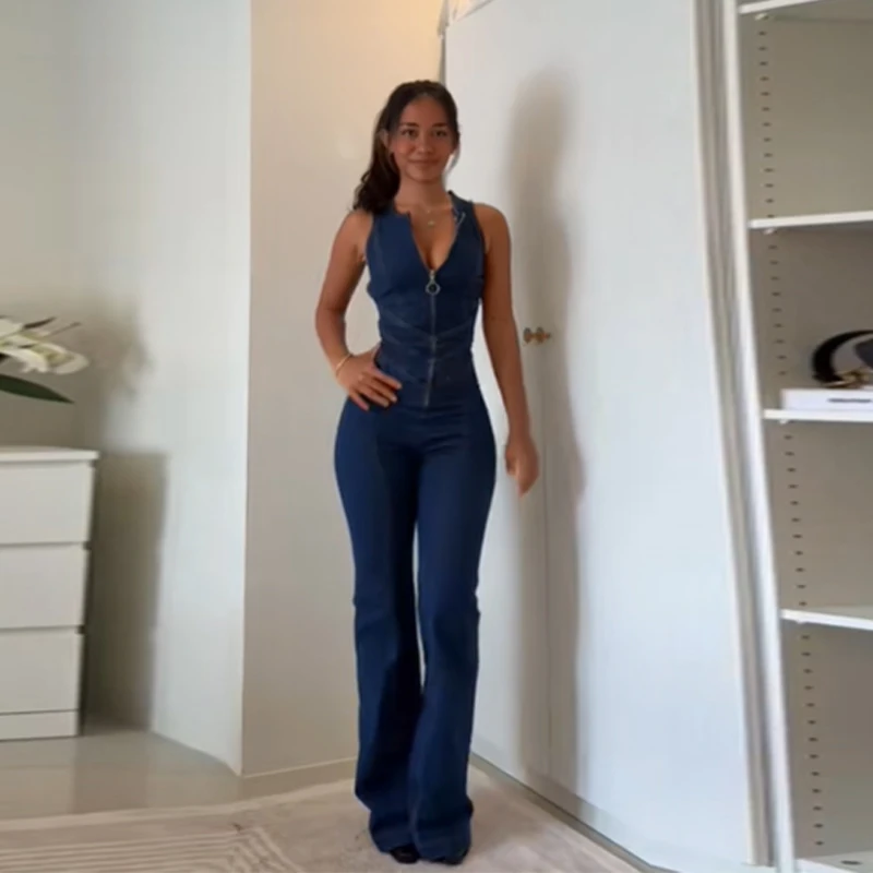 

Vintage Denim Long Pants Jumpsuit V-Neck Zipper Sleeveless Backless Tight Fitting Bodysuit Fashion New Women Retro Street Fit