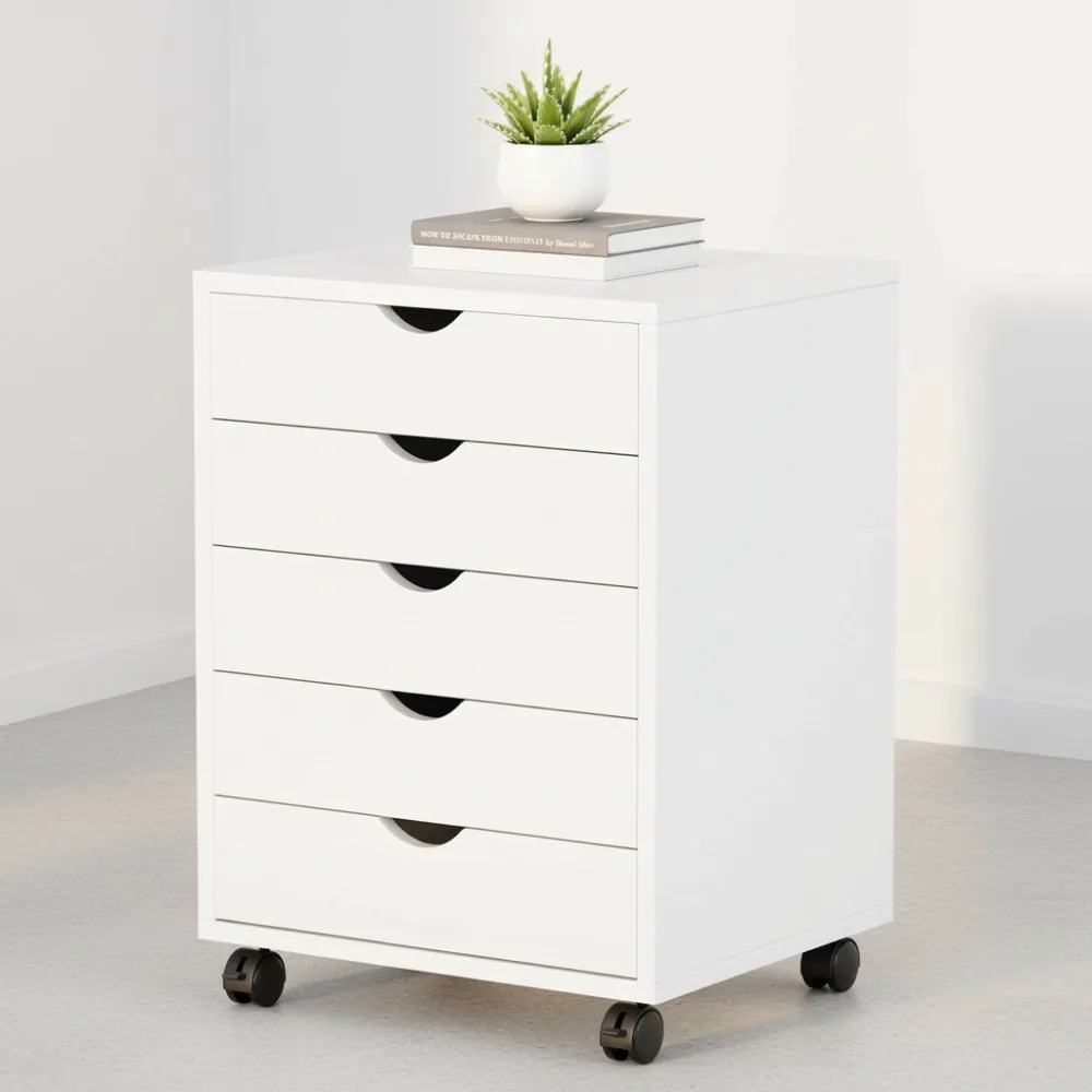 خزانة ملفات متنقلة ذات 5 أدراج مع عجلات، منظم تخزين تحت المكتب للمكتب المنزلي، أبيض