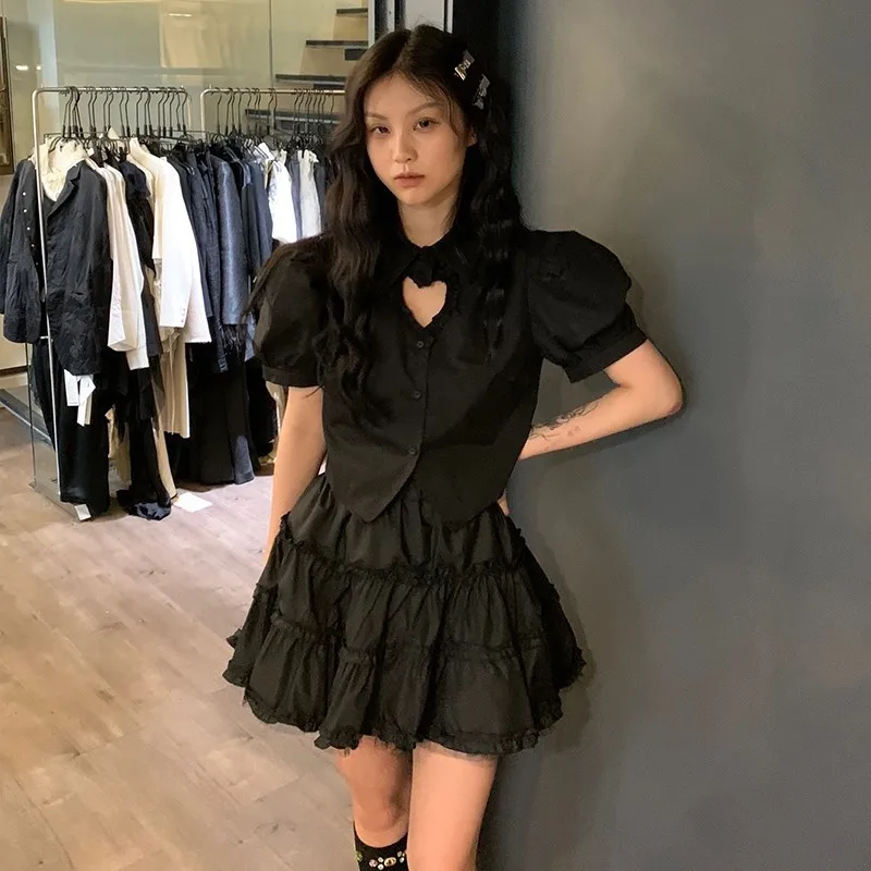 Karrcat Gothic Two Piece Sets Grunge Dark Aesthetic Hollow Out Shirt + Ball Gown Mini Skirt Suits Set Emo Goth 2 Piece Set Punk