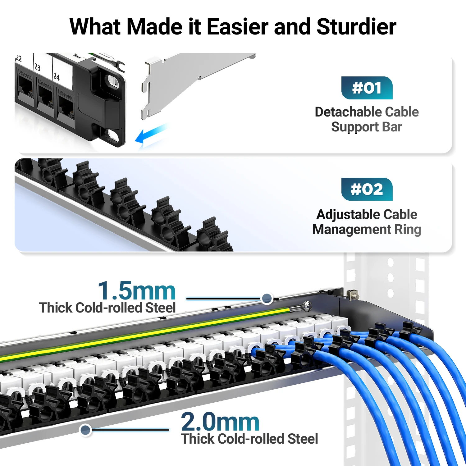 AMPCOM 1U 24-poorts Keystone-patchpaneel, UTP/STP rackgemonteerd met achterkabelbeheersbalk, UTP CAT6/CAT6A Keystone-aansluiting