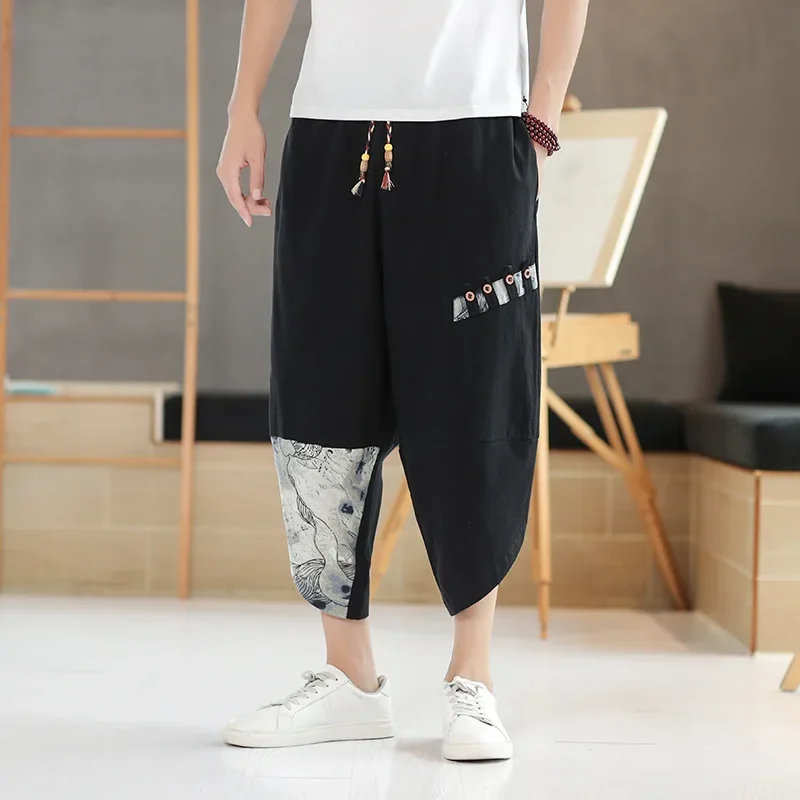 Japanese Kimono Men\'s Cotton Linen Samurai Clothing Patchwork Print Retro Harem Pants Loose Shorts Harajuku Hip Hop Pants