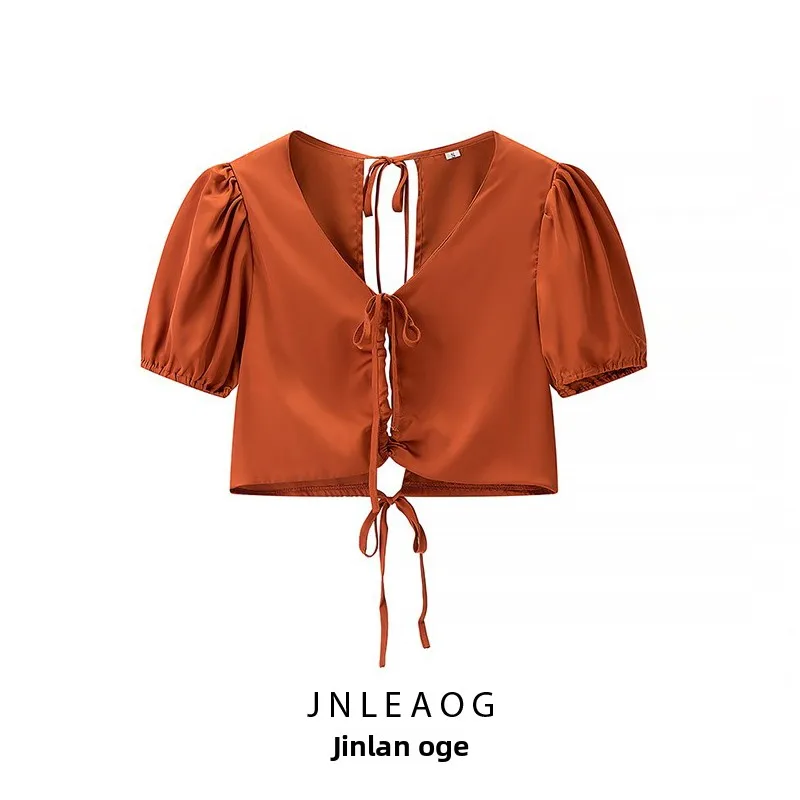 Faionable JNLEAOG Women's irt Spring New Sle ort Sve Front Bow Design Slim Fit Polyester Fiber V-ne ort Length