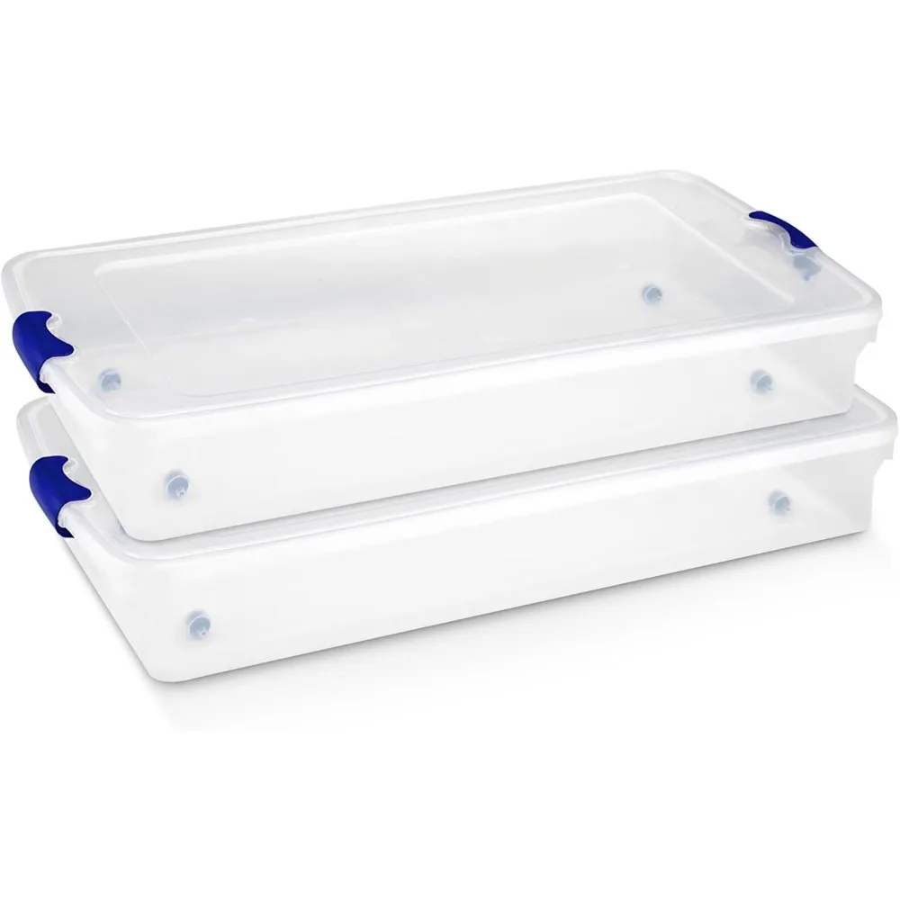 

2-Pack Under Bed Storage Boxes, Clear Plastic Stackable Container Tubs with Lids, 60 Quart, Blue Latch