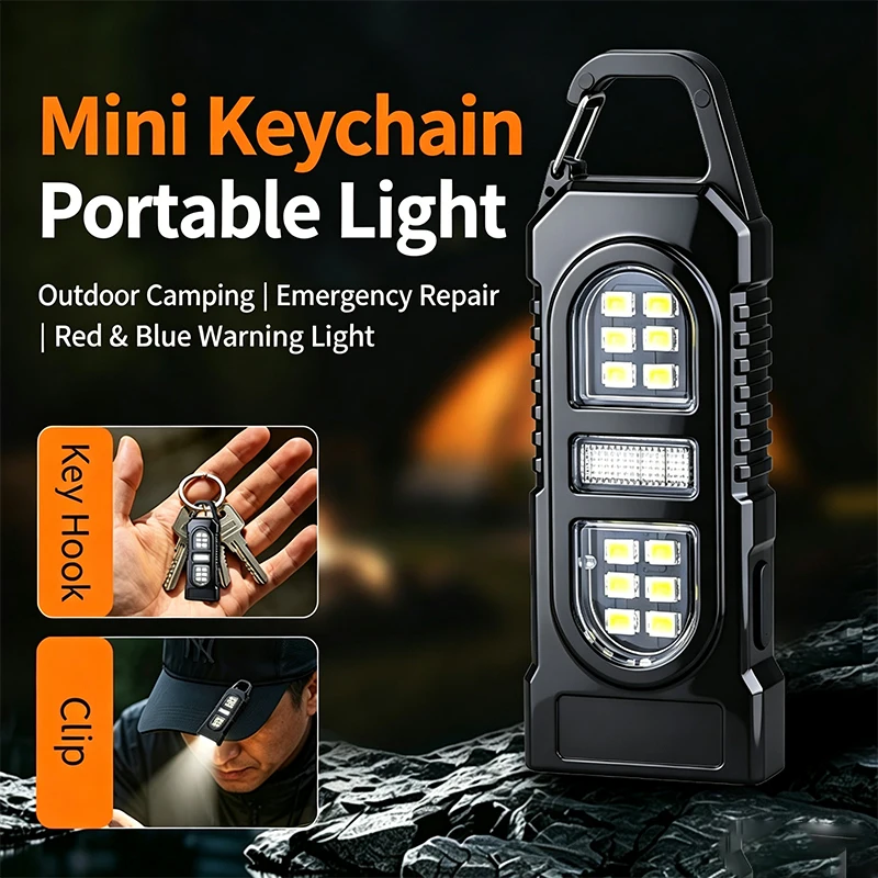Multifunctional COB Keychain Flashlight Rechargeable Portable Work Light with Clip White Red Blue Warning Light Mini Torch