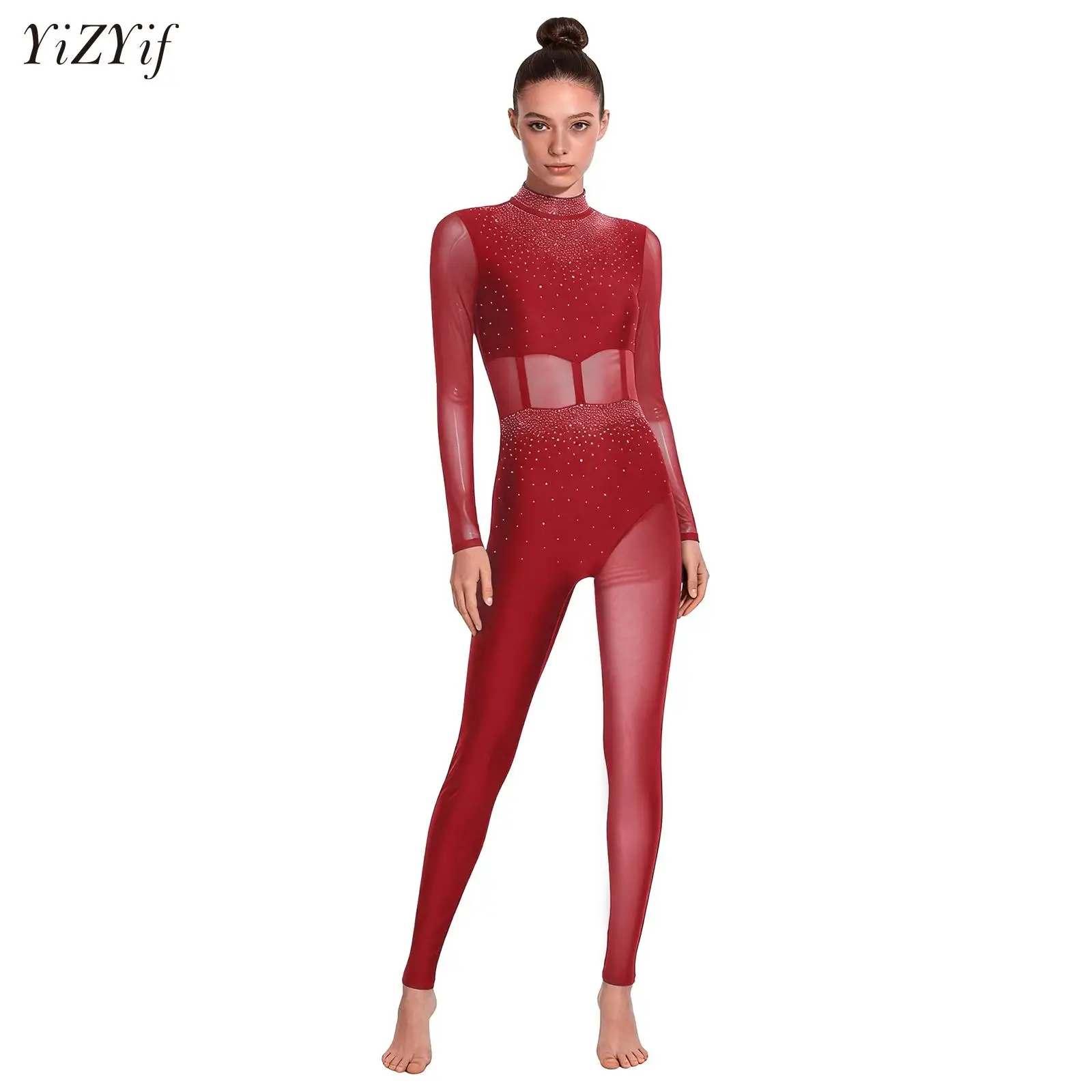 

Women Gymnastics Leotard Jumpsuit Figure Skating Dance Performance Costume Long Sleeve Sheer Mesh Rhinestones Full-body Bodysuit