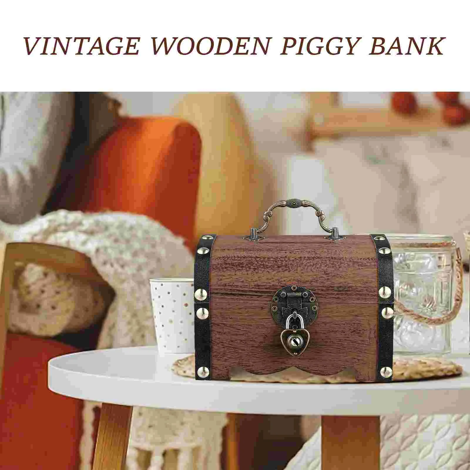 Box Wooden Treasure Bank Storage Chest Piggy Wood Vintage Money Coin Lock Boxes Jewelry Saving Pirate Organizer Decorative Gift