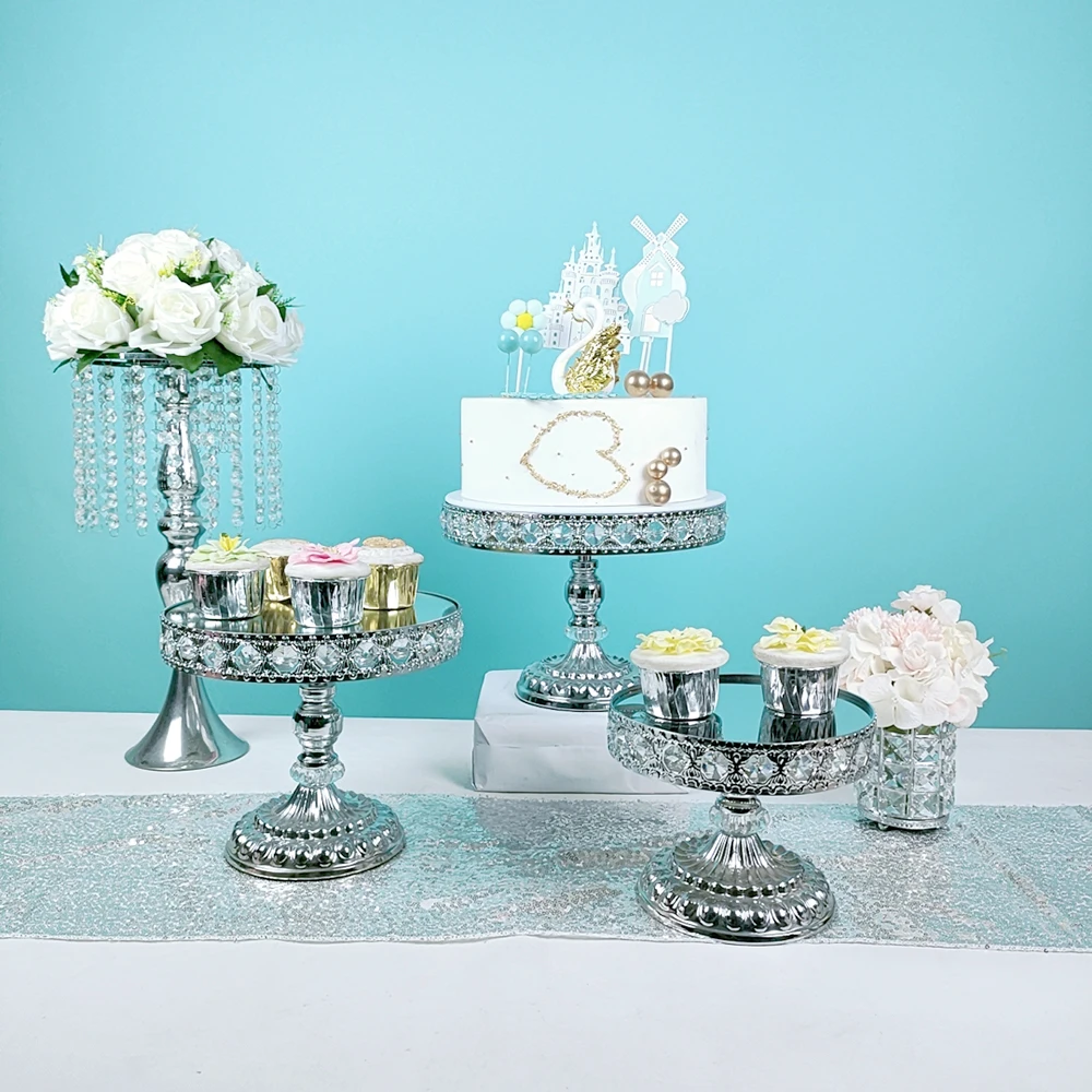 1-3Pcs Crystal Mirrored Tray Cosmetic Vanity Jewelry Trinket Organizer Decorative Tray Cupcake Dessert Holder Tray Gold Silver