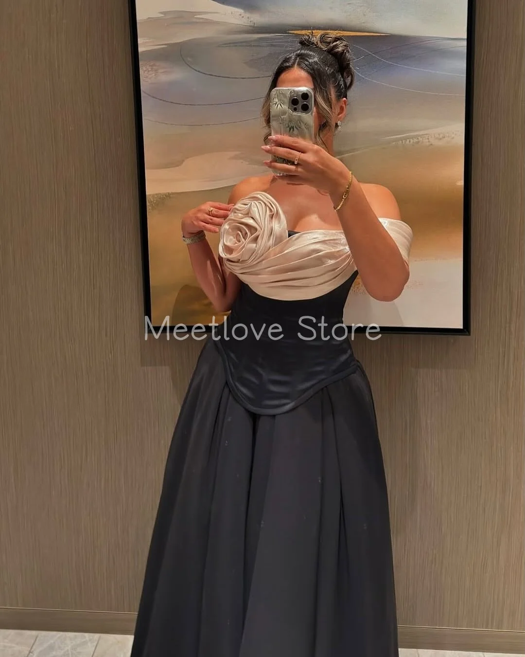 Meetlove, sin tirantes, sencillo, con un solo hombro, línea A, largo hasta el suelo, negro, flores en 3D, vestidos de graduación, vestidos de noche sin mangas personalizados