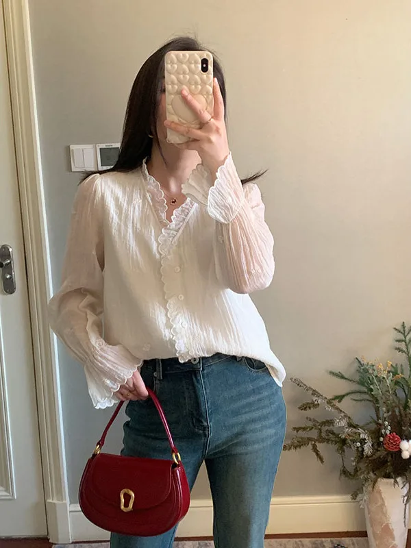 

Новая весенняя свободная блузка с V-образным вырезом и вышивкой в виде цветов, корейский стиль, повседневная, свободного кроя, дышащая