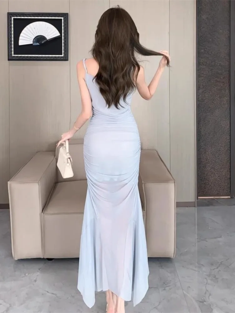 Topanoma Evening Dresses Women Mesh Patchwork Sleeveless Sexy Elegant Slash Neck Mermaid Dress Cocktail Wedding Party Female