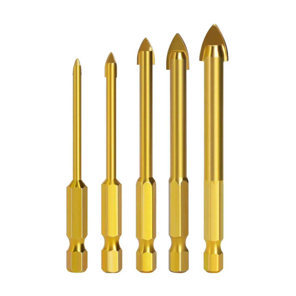 

5pcs Glass Drill Bit Set Tungsten Carbide Titanium Coated Ceramic Tile Cutter 1/4" Shank 3 4 6 8 10mm Construction Tools