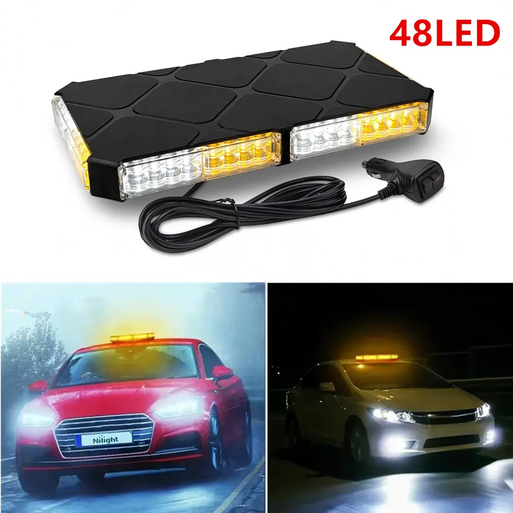 

12V-24V Magnetic Strobe Lights 48LED Roof Top Emergency Warning Lamp for Truck LED Flashing Light Magnetic Bases Police Lamp