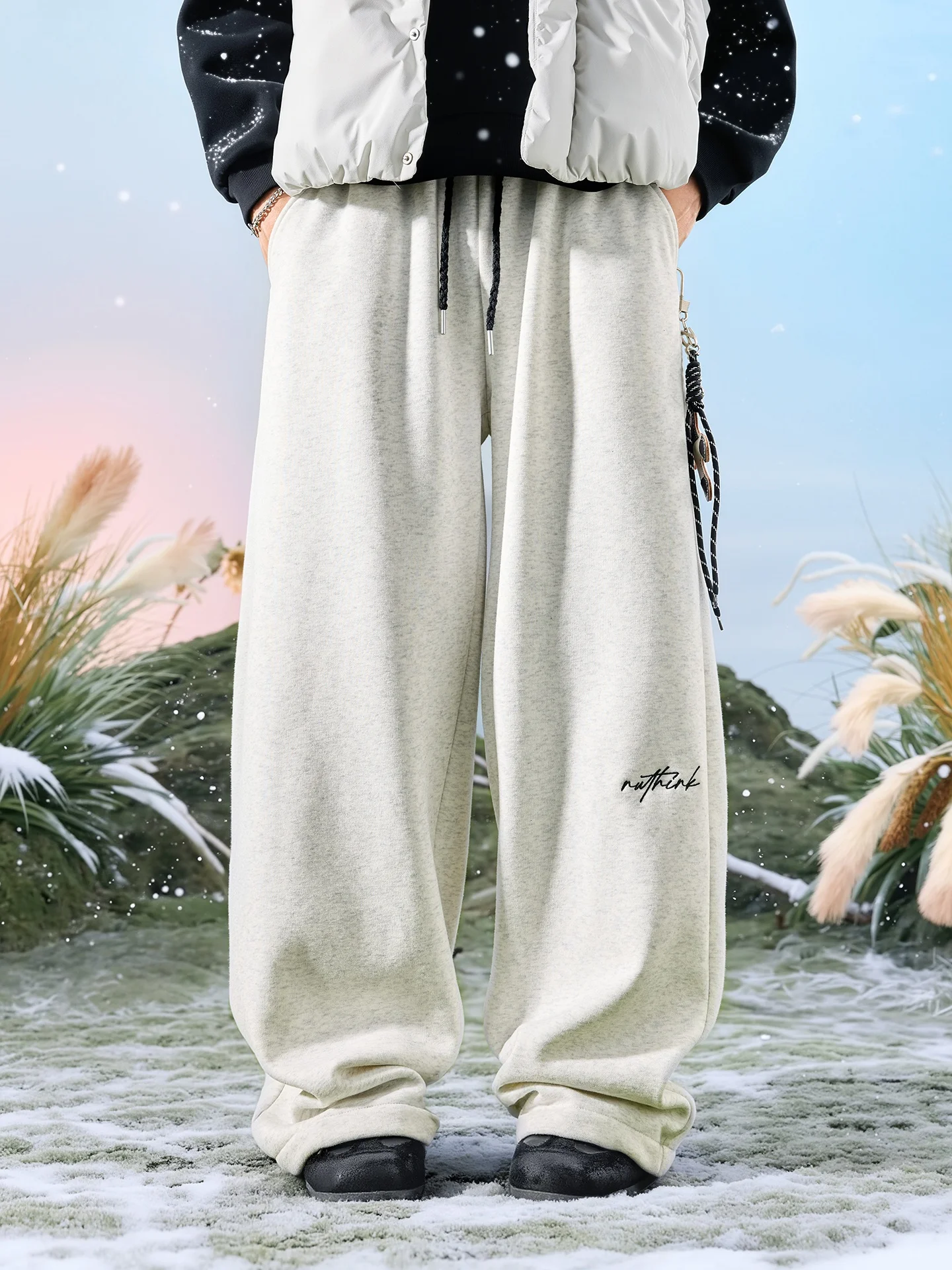 

Nuthink American Streetwear Embroidered Fce Lined Knitted Wide Leg Pants Drapey Comfortable Spring Men's Faion Trousers