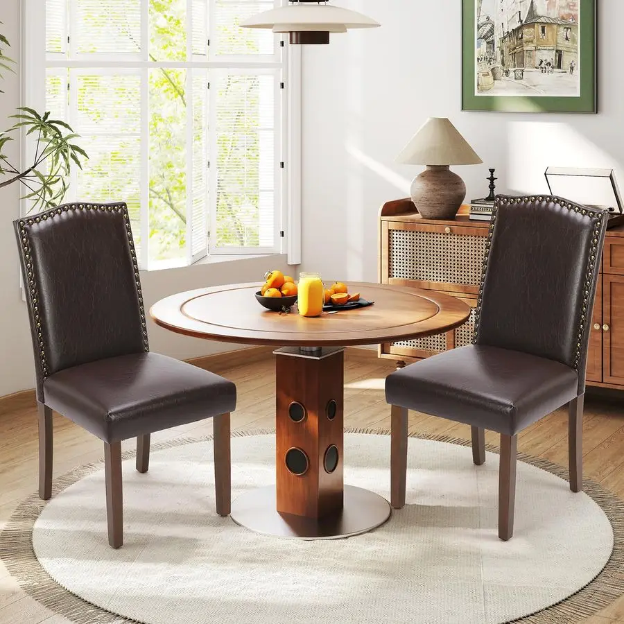 مجموعة كراسي تناول الطعام مكونة من 2، كراسي طاولة مطبخ عصرية من جلد البولي يوريثان مع أرجل خشبية ومقعد مبطن لمطعم المطبخ في غرفة الطعام #1