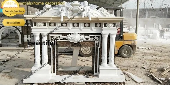 A95  White Jade Marble Stone Fireplace Mantel European‑American Decor Cabinet for Villa Living Room Indoor Home Wall Ornament