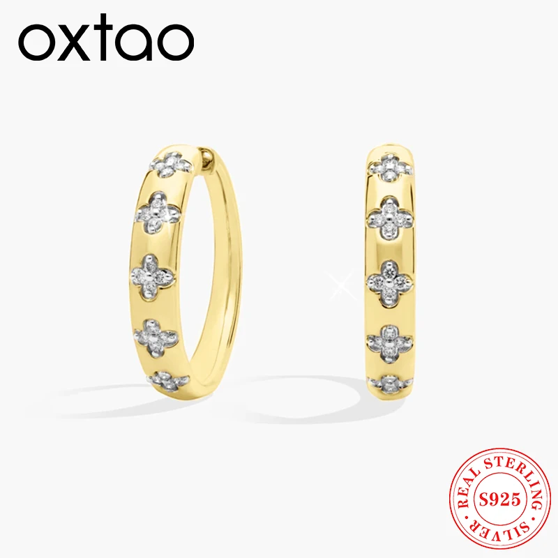 

OXTAO Luxury Moissanite Diamond Big Hoop Huggie Earrings 925 Sterling Silver Four Leaf Clover Flower Earring Jewelry for Women
