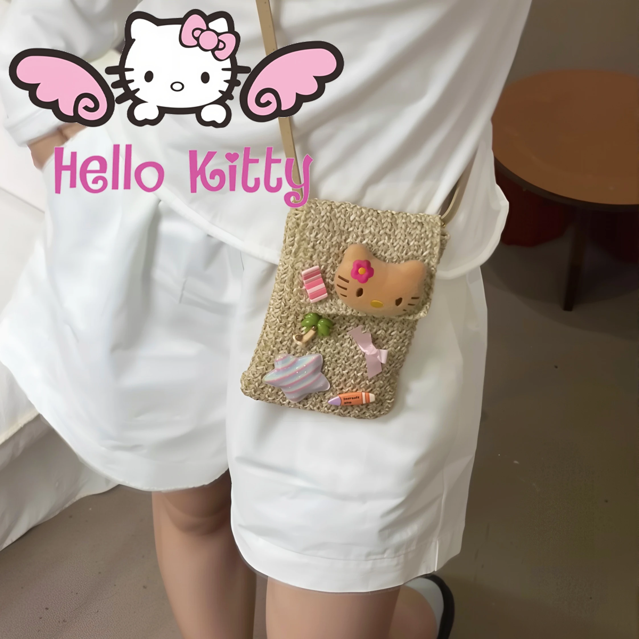 

НОВАЯ милая Гавайская серия HelloKitty, ручная вязка, сумка для мобильного телефона, сумка через плечо, черная кожаная сумка Hello Kitty для девочек, подарок с героями мультфильмов