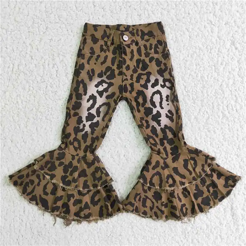 2022 RTS New Girl Leopard Design Denim Pattern One Ruffle Flare Fashion Wear Distressed Boutique One Piece Long Pants Daily Wear