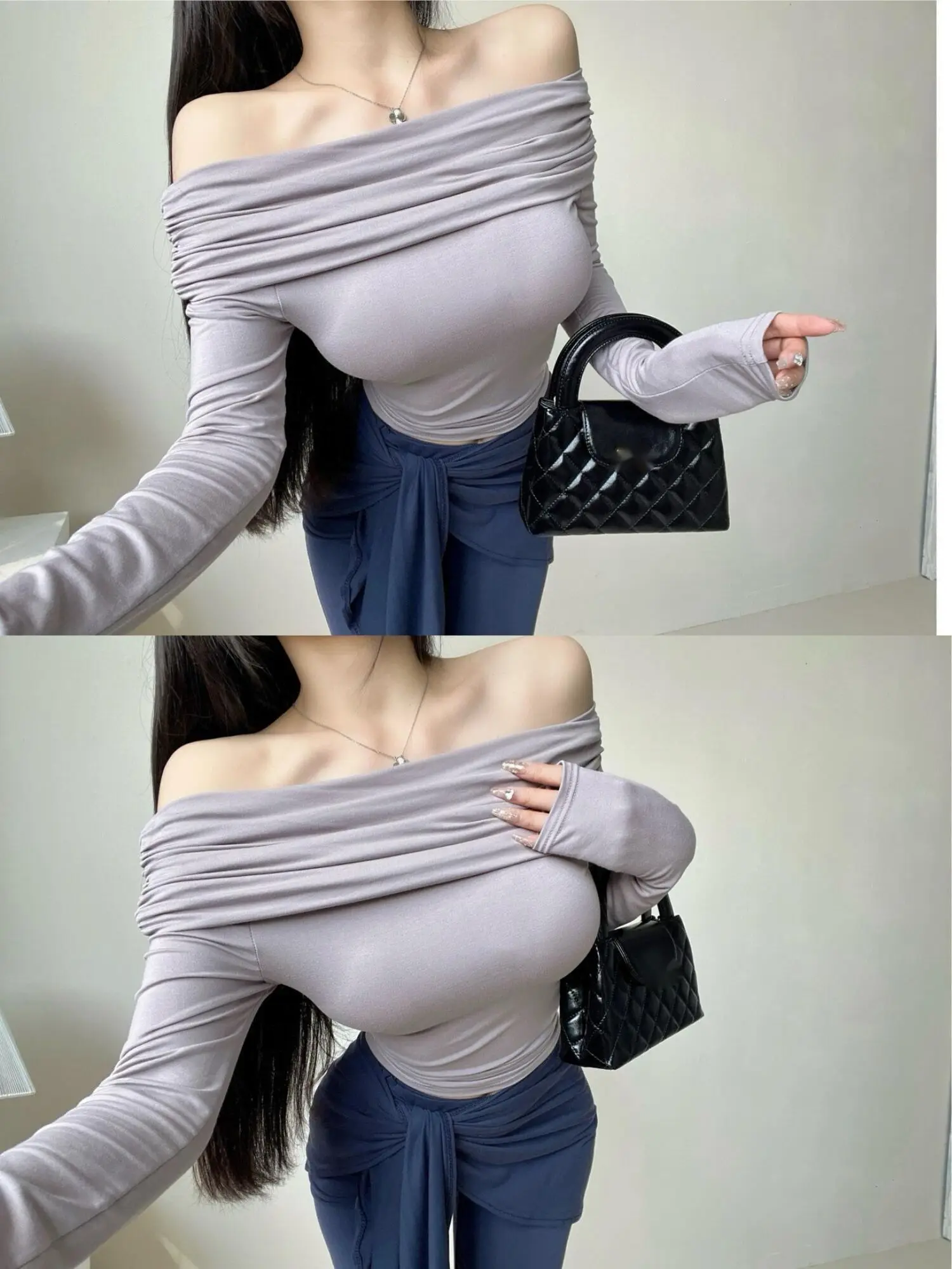 Shoulder Long Sleeved One T-shirt For Sexy Tight Fitting Women, High-end Beautiful Off Shoulder Top Women Tshirt Tees Sweet G12T