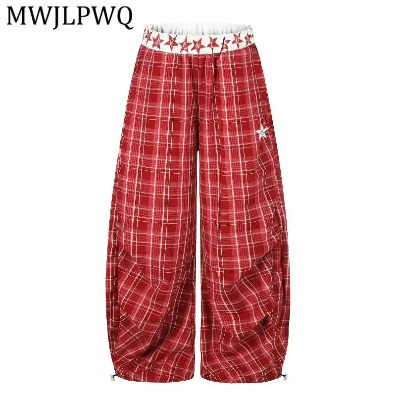 MWJLPWQ American Subculture Pleated Plaid Casual Pants For Unisex High-Waisted Loose Wide-Leg Trousers Spring Autumn New 17190