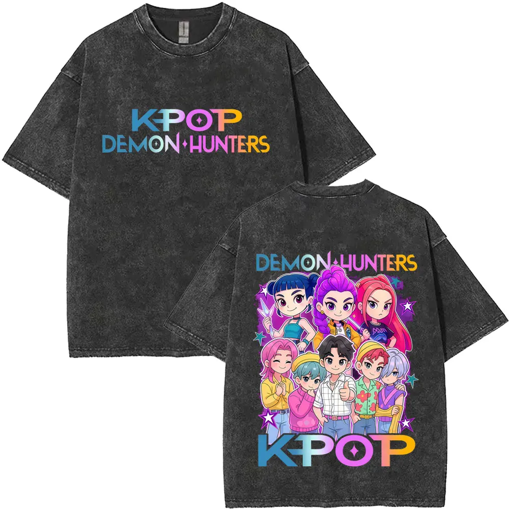 

Washed Vintage Movie KPop Demon Hunters T-shirt Rumi Mira Zoey T-shirts Saja Boys T-shirts Men Women Casual Retro Cotton T Shirt