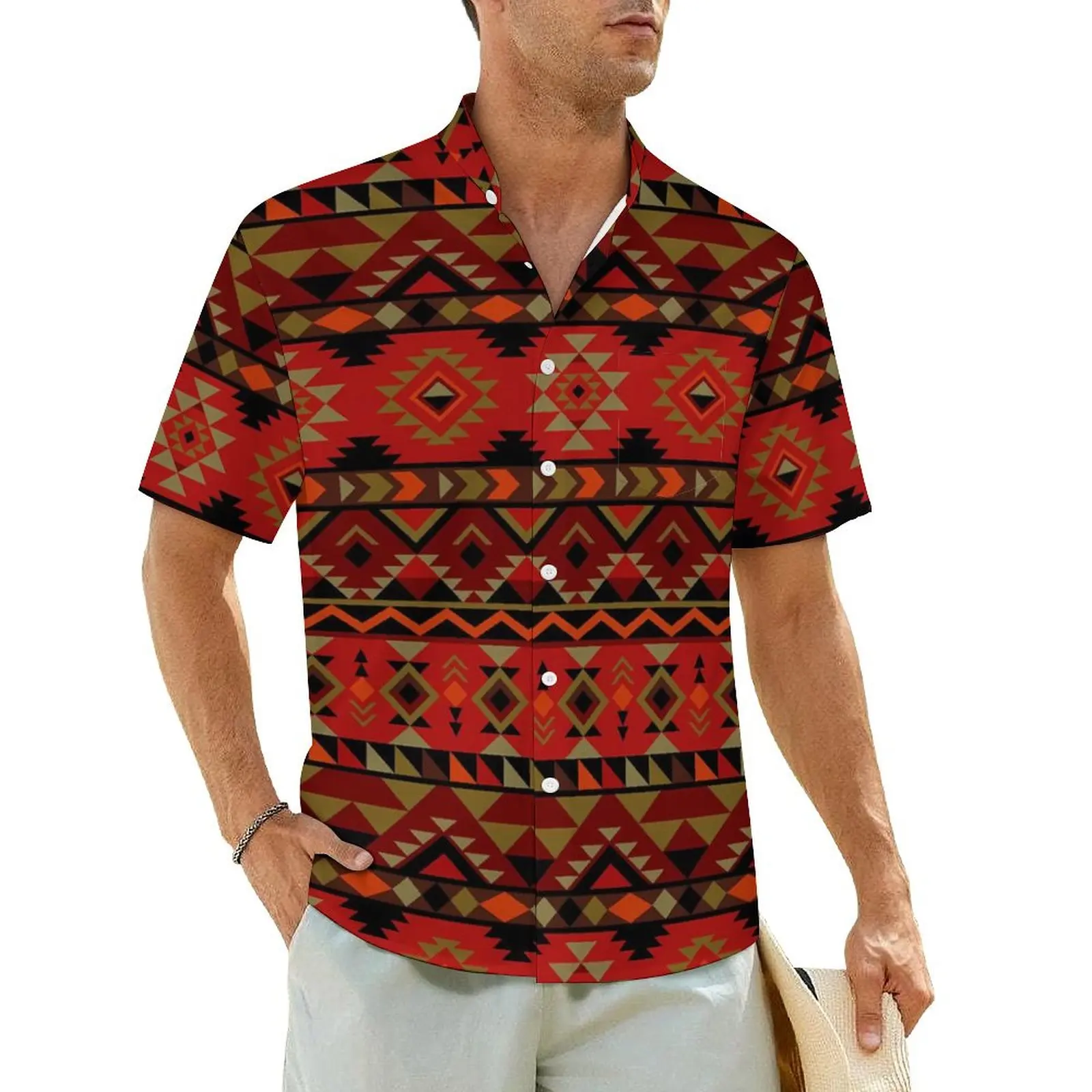 

Vintage Ethnic Beach Shirt Red Aztec Print Hawaiian Casual Shirts Man Vintage Blouses Short-Sleeved Breathable Design Clothing