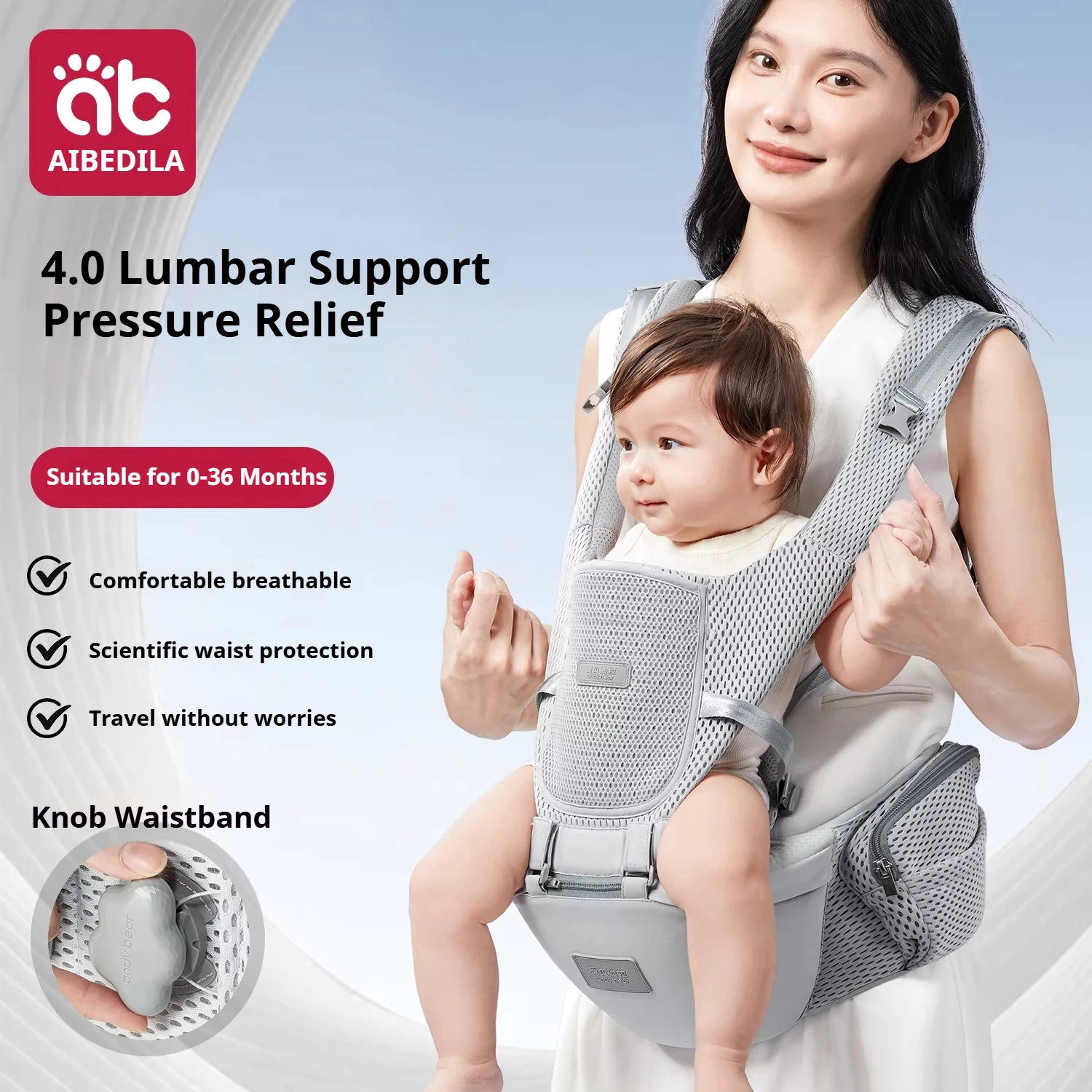 AIBEDILA Ergonomic Baby Carrier with Adjustable Knob Breathable Waist Stool Kangaroo Carrier for Newborns Infants 0-36 Months