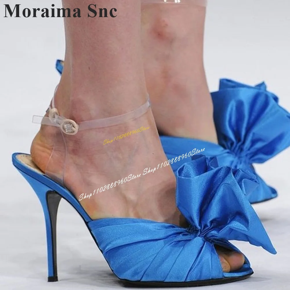 

Runway Blue Pleated Knot Decor Sandals Thin High Heel Shoes For Women PVC Ankle Buckle Strap Peep Toe 2024 Zapatos Para Mujere