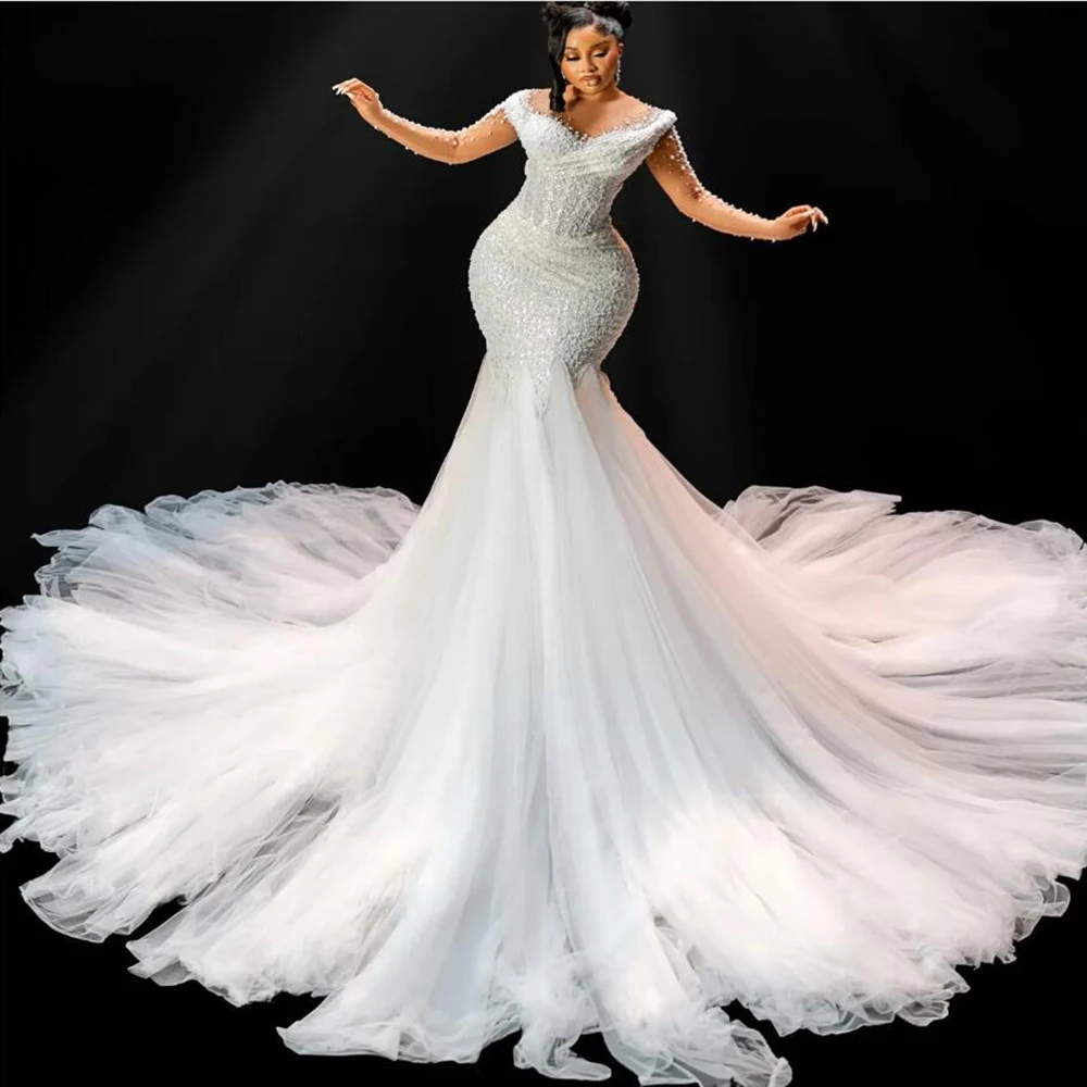 

Aso Ebi Свадебные платья русалки для черных девочек с блестками и жемчугом из тюля с длинными рукавами Блестящие свадебные платья Платье невесты по индивидуальному заказу