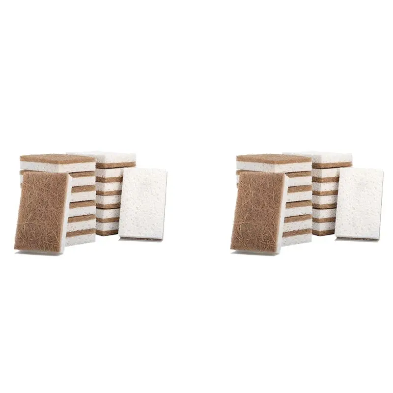 A96K-32PCS Biodegradable Compostable Cellulose Kitchen Sponges Coconut Scrubber - Eco Friendly Sponge For Dishes Cleaning