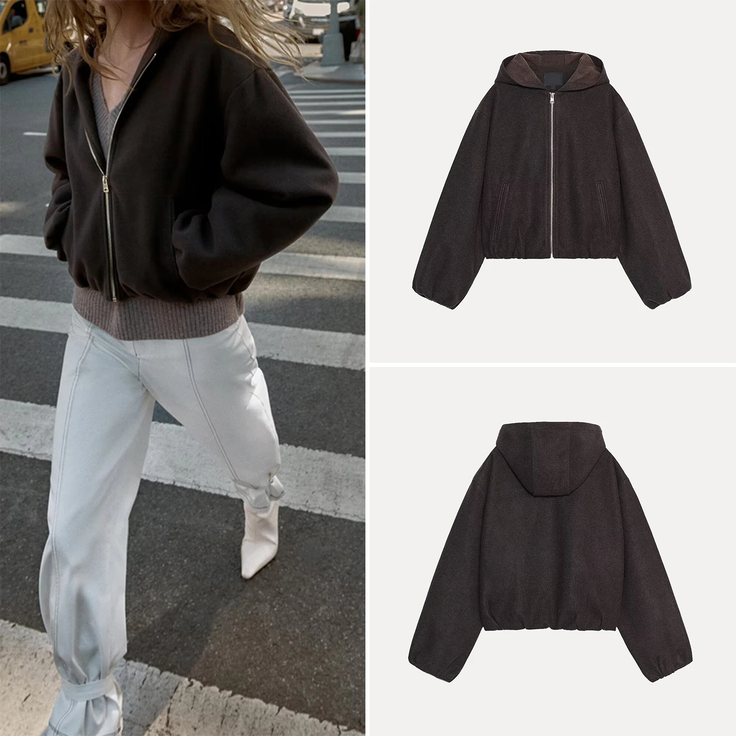 Z Women's Faionable Elastic Hem Hooded Jaet ort Coat Long Sve Zipper Closure Versatile Sli Autumn Outerwear