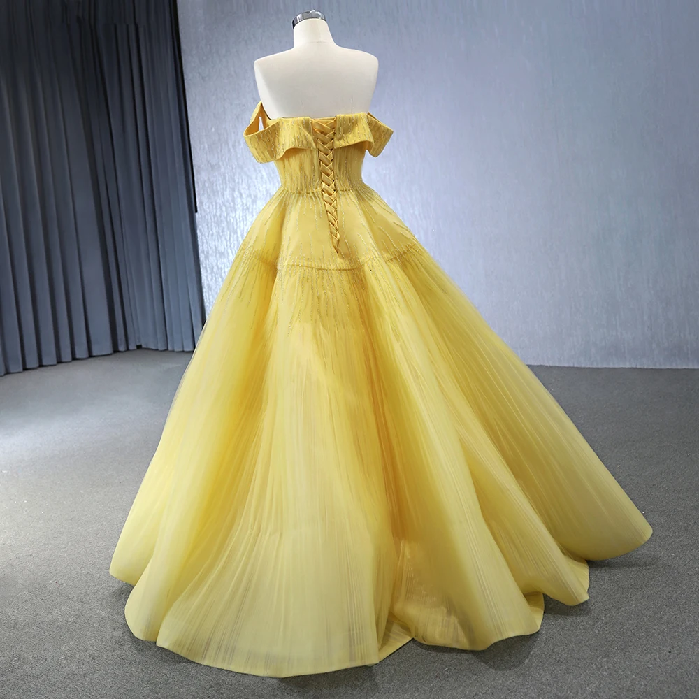 Jancember Factory Wholesale Exquisite Yellow Evening Dresses Organza Prom Dresses Short Sleeves Vestidos De 15 Años RSM231002