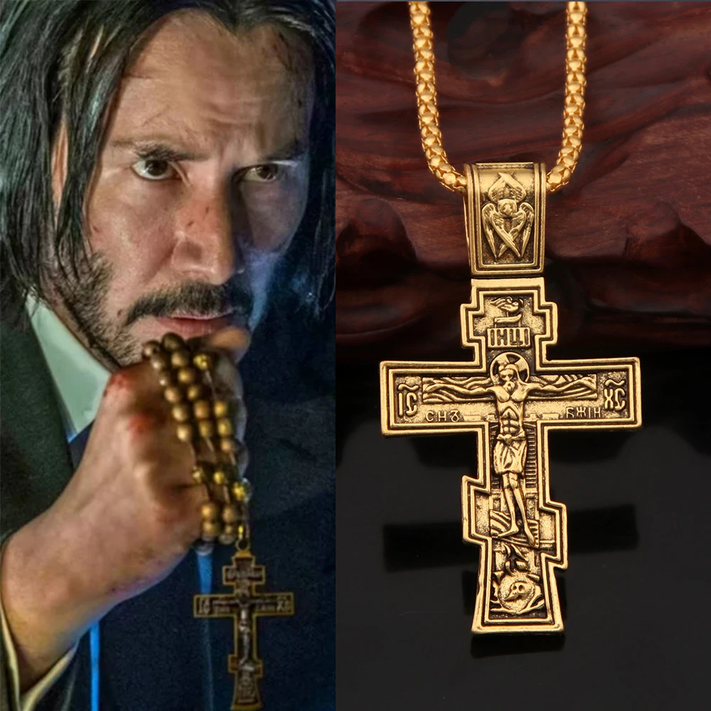 Movie John Wick Jesus Cross Necklace Crucifix Eastern Orthodox Prayer Big Pendant For Men Women Jewelry Accessories Gifts