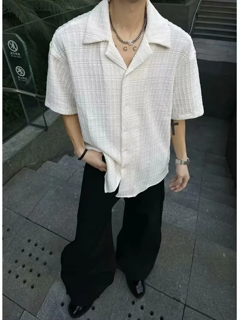 American Casual Style Black Texture Short Sleeve Men's Shirt Cuba Collar Breathable Cool Feeling No Ironing Thickened Polyester