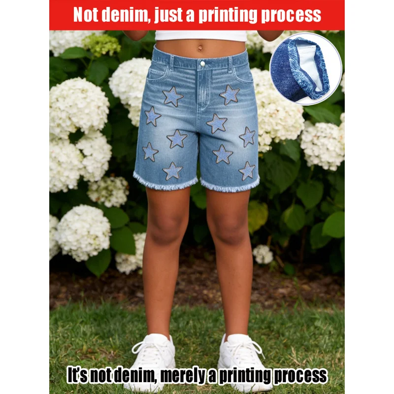 2026Children's light blue faux denim high-waisted shorts Star patch decoration  Raw hem pants