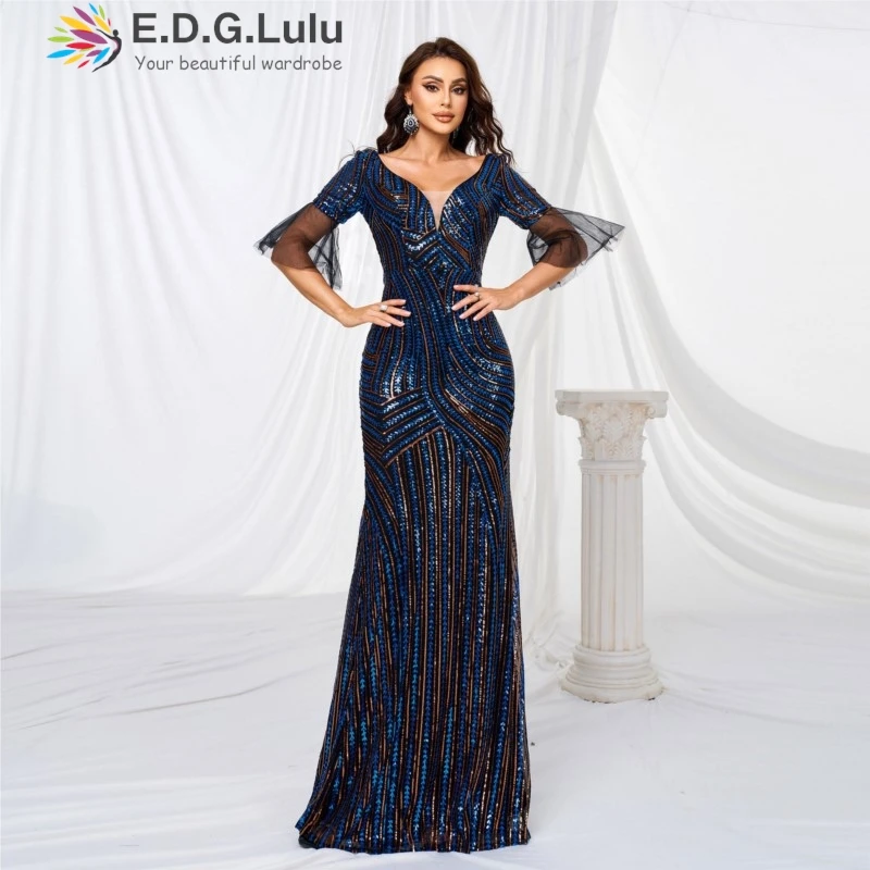 

EDGLuLu V-Neck Five Quarter Sleeve Patchwork Mesh Birthday Dress Woman Backless Blue Striped Glitter Party Long Evening Gown0915