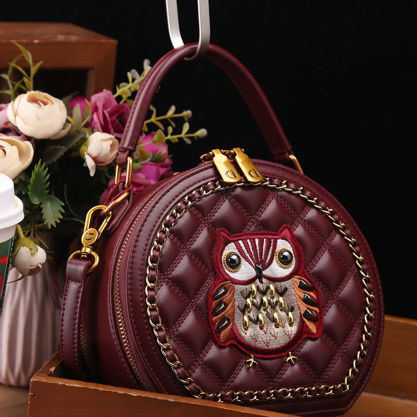 Luxury and Fashion Handheld Round Bag with Delicate Owl Embroidery and High Quality Rivet 2026 Women Newly Trendy Crossbody Bag