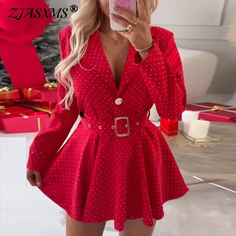 2026 Spring Sexy Diamonds Shiny Party Dress Woman Elegant Turn-down Collar A-Line Dress Autumn Long Sleeve High Waist Mini Dress