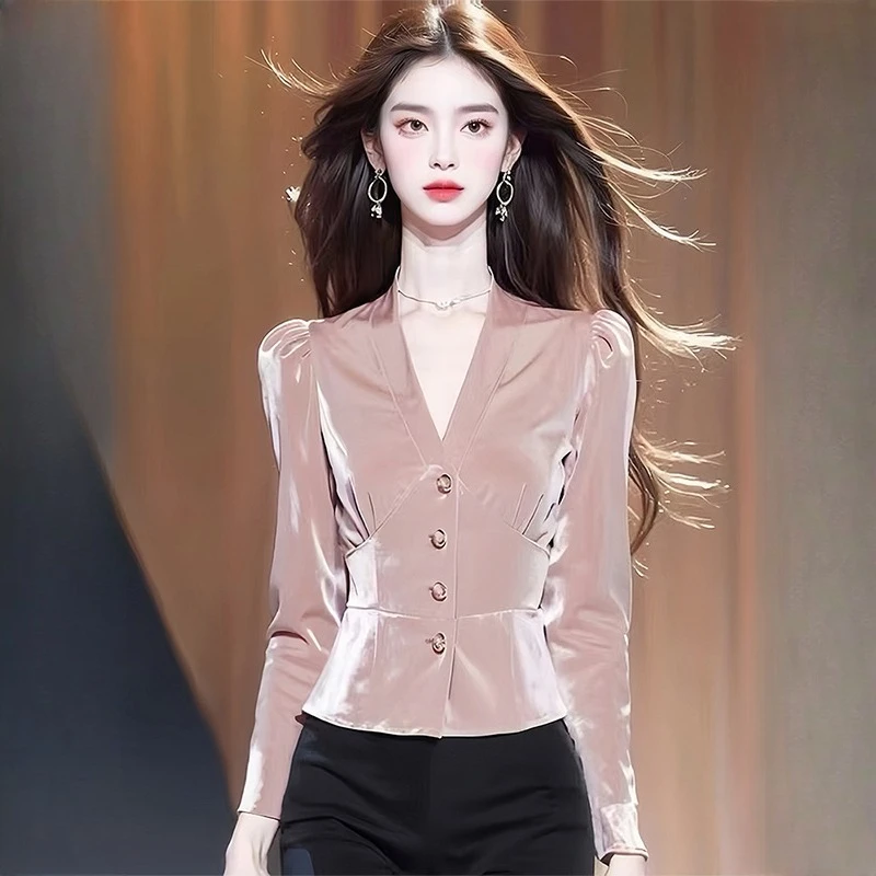 

Винтажные женские блузки, однотонные повседневные рубашки, модная тонкая весенне-осенняя корейская одежда, вельветовые женские топы с длинными рукавами