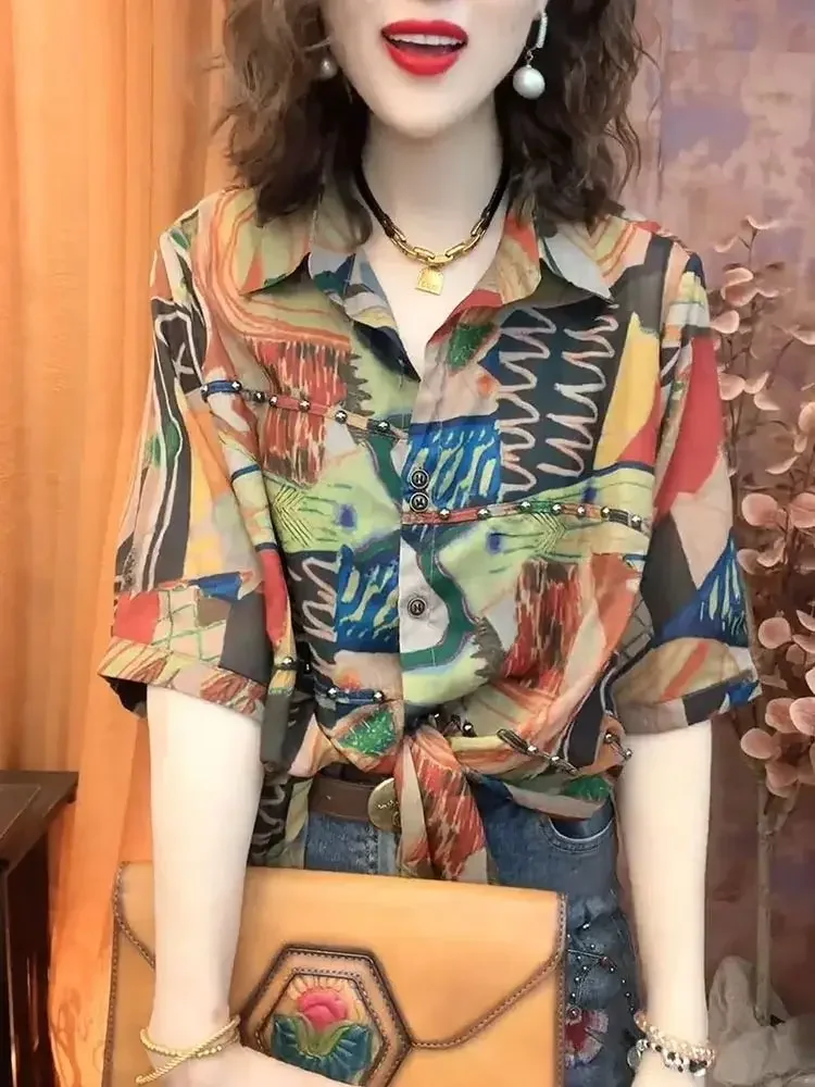 

New Fashion Fashionable Age-reducing Slimming and Versatile Shirt Trendy Retro Hong Kong Style Printed Shirt for Women in Summer
