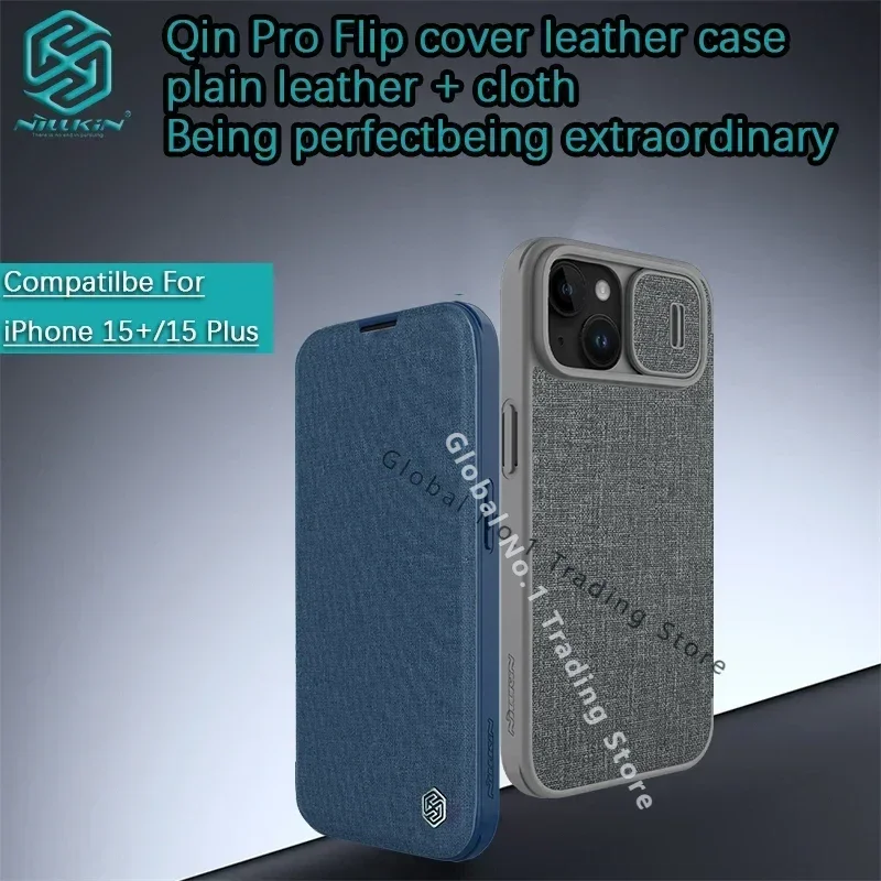 

for iPhone 15 Pro Max Case/15 Plus/15+ Nillkin Qin Pro Flip cover leather case PU Lens slide cover protective phone case shell