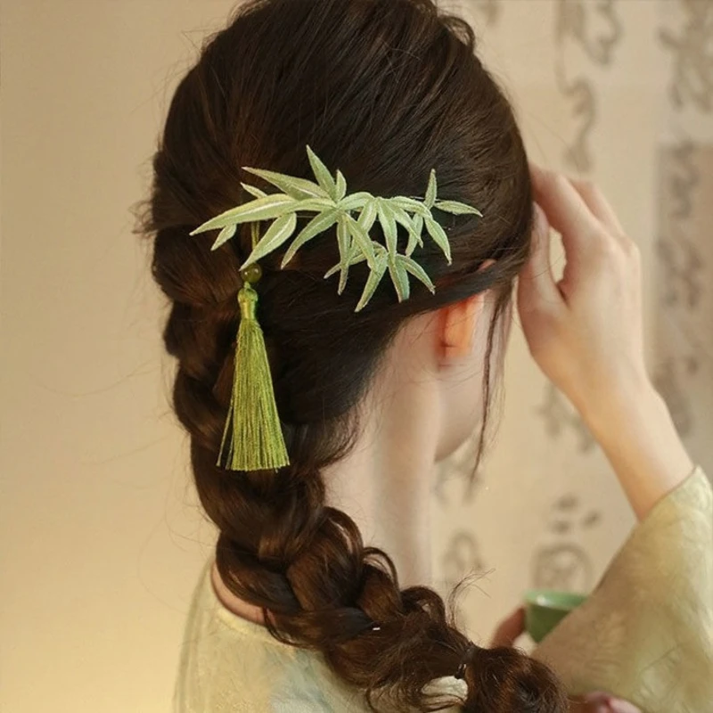 Nationaler Stil Bambusblatt Quaste Haarspange Damen lockiges Haar Seitenclip Haarschmuck