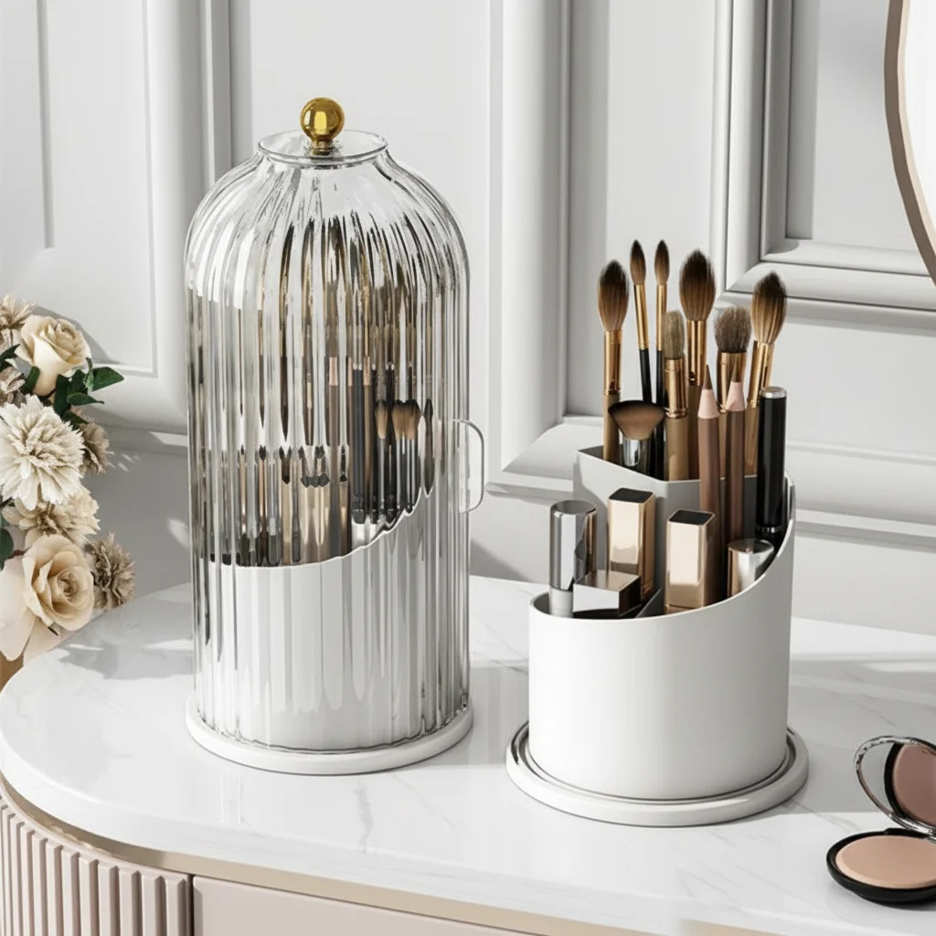 

360 ° Вращающийся держатель для кистей для макияжа, губная помада, органайзер для карандашей для бровей, акриловая коробка для хранения туалетного столика