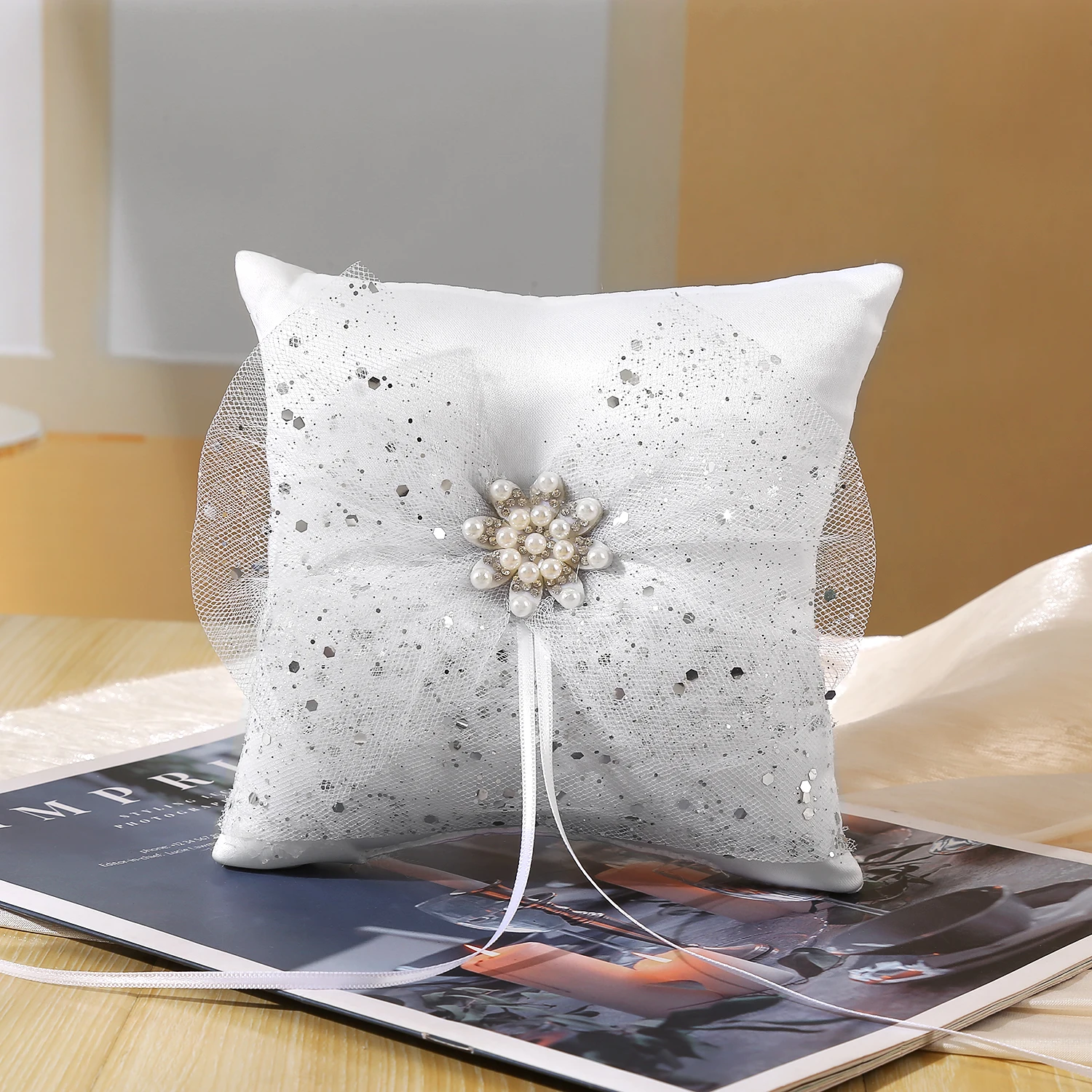 Romantic Wedding Ring Pillow Decorated with Flowers