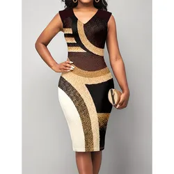 3D Printing Office Lady Sundress Women Sleeveless V Neck Dress Elegant Commuting Slim Dress Up Casual Fashion Summer New Wear